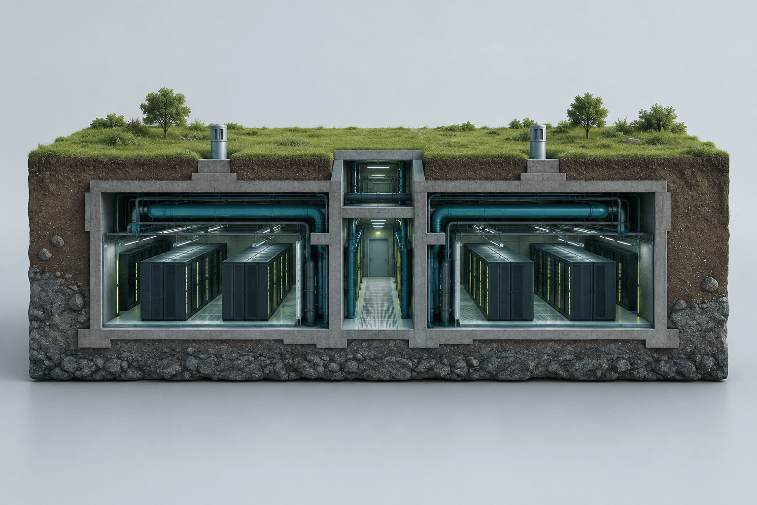 Conceptual cutaway of two modular underground data-center halls beneath a landscaped surface